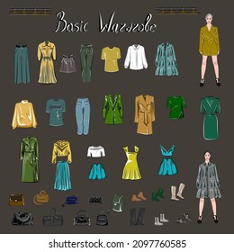 Clothes, shoes and bags. Ochre, green, yellow, blue. Coats, dresses, skirts, blouses, trousers, jeans, backpack, briefcase, handbags. Fashion. The basic wardrobe of a minimalist. Isolated vector.