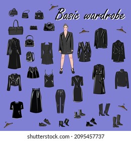 Clothes, shoes and bags. silver, gray, black. Coats, dresses, skirts, blouses, trousers, jeans, backpack, briefcase, handbags. Fashion. The basic wardrobe of a minimalist. Isolated vector.