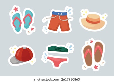 Clothes and shoes for beach holidays stickers. Summer Set. Cute beachwear icons collection. Summertime clothes elements. Cartoon vector illustration. Flat design. Beach accessory.