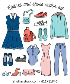 Clothes and shoes doodle. Vector