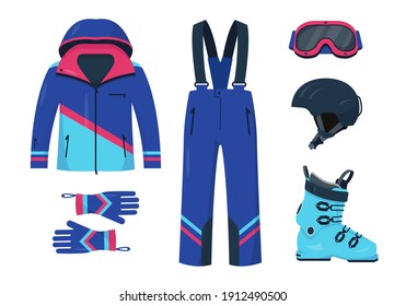 Clothes, shoes, protective helmet and mask for skiing. Bright accessories for winter sport. Set vector illustrations on white background.