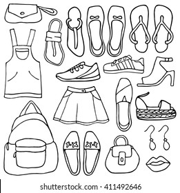 Clothes and shoes vector doodle