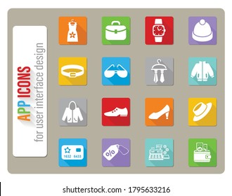Kleidershop-Symbole, die in flachem Design mit langem Schatten stehen