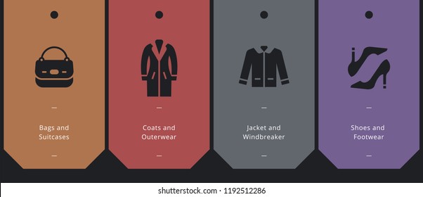 Clothes shop icons. Universal set of clothes silhouette style with  female shoes and handbag, beauty accessories collection, male jacket.Shopping badges. 