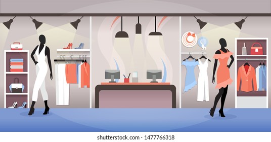 Clothes shop interior, fashion dress and accessory boutique with racks and cashboxes, panoramic vector illustration