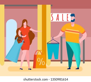 Clothes Shop Sale Cartoon Vector Illustration. Sales Assistant and Customer. Couple Shopping. Characters in Mall Fitting Room. Special Offer for Clothes. Shopping Bag, Dress on Hanger