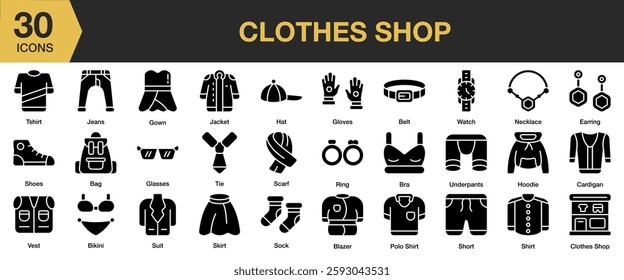 Clothes Shop solid icon set. Includes retail, sale, clothing, fashion, store, shop, and More. Solid icons vector collection.