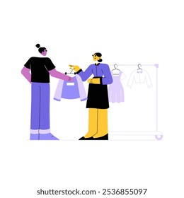Clothes Shopping Assistant Helping Customer Select Jacket In Flat Vector Illustration Symbolizing Retail Service, Shopping Assistance, And Fashion Choices, Isolated On White Background
