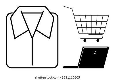 Clothes, a shopping cart, and a laptop are shown. Ideal for online shopping, e-commerce, retail, technology, and fashion. Black and white colors with a simple, modern, minimalistic design