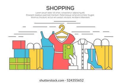 Clothes shopping concept illustration, thin line flat design. Clothing, bags, accessories and shoes.