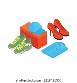 Clothes shopping isometric icon with new shoes cap shirt 3d vector illustration