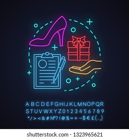 Clothes shopping neon light concept icon. Special offer idea. Clothing store discounts, sale and gifts. Glowing sign with alphabet, numbers and symbols. Vector isolated illustration
