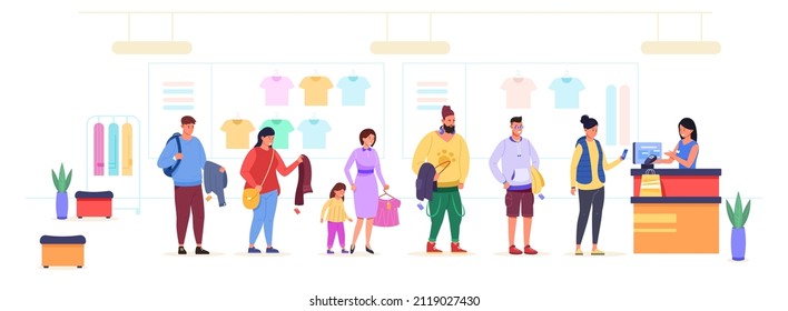 Cola de compras de ropa. Colas de compradores en la tienda de ropa de cajero de barra, una tienda multitienda abarrotada con un adolescente cliente en cola de vendedores con una bolsa dentro del centro comercial, imagen vectorial chillona. cola de almacenamiento