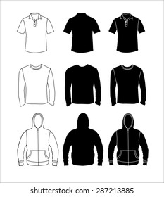 Clothes silhouette collection, shirt, long sleeve t-shirt and hoodie. Vector eps10 illustration.