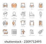 Clothes size flat line icons set. Body measurement - waist circumference, hip, chest, sleeve length, height vector illustrations. Outline signs for clothing sizes table. Orange color. Editable Stroke