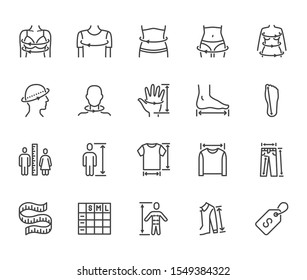 Clothes size flat line icons set. Body measurement waist circumference, hip, chest, sleeve length, height vector illustrations. Outline signs clothing sizes table. Pixel perfect. Editable Stroke