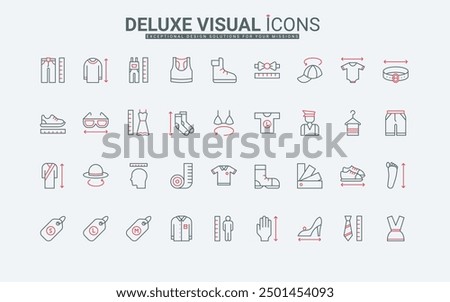Clothes size guide line icons set. Tailors pictogram to measure circumference of human waist, chest and head, width and length of body and foot thin black and red outline symbols vector illustration
