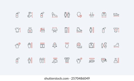 Clothes size measurement, guide line icon set. Arrows and chart, measuring tape to measure human body, waist and neck circumference, height thin black and red outline symbols vector illustration