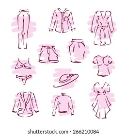The clothes sketch flat design icons set. Template elements for web and mobile applications