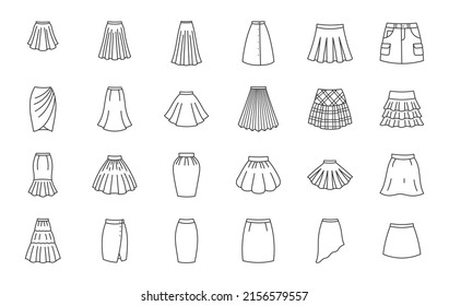 Clothes skirts doodle illustration including icons - cargo, draped, gored, plisse, kilt, bubble, sport, wrap, pencil, asymmetric petticoat. Thin line art about women apparel. Editable Stroke