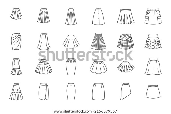 Clothes skirts doodle illustration including icons\
- cargo, draped, gored, plisse, kilt, bubble, sport, wrap, pencil,\
asymmetric petticoat. Thin line art about women apparel. Editable\
Stroke