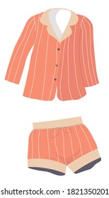 Ropa para dormir y uso en casa, conjunto aislado de pajama. Camisa con botones y pantalones cortos, ropa femenina. Tendencias modernas y prendas de vestir de diseño para mujeres, variedad de compras, vector de estilo plano