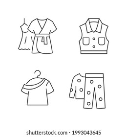 Clothes for sleeping linear icons set. Gown with robe. Denim jacket. One shoulder top. Fleece pajamas. Customizable thin line contour symbols. Isolated vector outline illustrations. Editable stroke