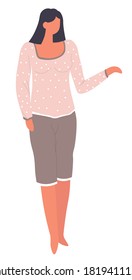 Clothes for sleeping and wearing at home. Isolated female character in clothing, top and shorts. Nightie wear for women, fashion and trends. Comfortable pajamas for adults vector in flat style