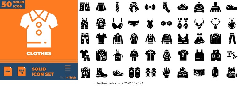 Clothes Solid Editable Icons set. Vector illustration in modern thin solid style of clothes icons: shirt, pants, shoes, socks, shorts, jacket, dress etc