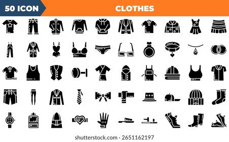 Clothes Solid Editable Icons set. Vector illustration in modern thin solid style of clothes icons: T-shirt, Pants, Jacket, Dress, etc