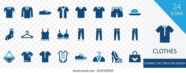 Clothes solid  icon set. containing hanger, suit, shirt, bra, heels, panties,  shoe, underwear and more vector design