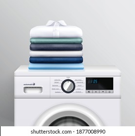 Clothes stack on washing machine realistic background as advertising of modern electronic laundry equipment for housekeeping vector illustration
