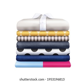 Clothes stacks realistic composition with stack of colorful striped and polka dot wear vector illustration