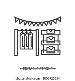 Clothes stall icon. Local fair or festival market stand with t-shirts and jackets. Concept of organic cotton garment, local festival markets and sales. Editable stroke vector illustration