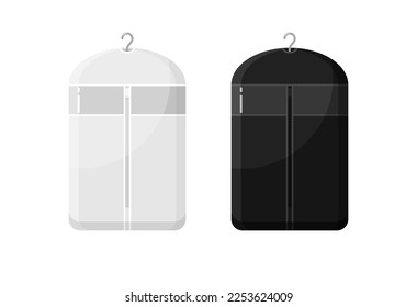 Clothes storage cover, dust protection bag for garment. Vector cartoon set of black and white plastic dustproof suit cover bags with zipper and hanger for adult dress, coat and jacket. Laundry icons