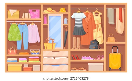 Clothes storage. Home wardrobe sections in wooden closet