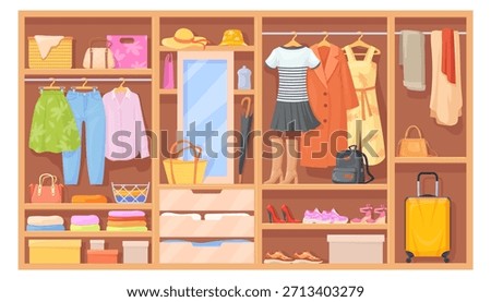 Clothes storage. Home wardrobe sections in wooden closet
