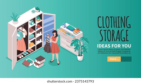 Clothes storage isometric horizontal website banner with more button and woman organizing clothing in her wardrobe vector illustration