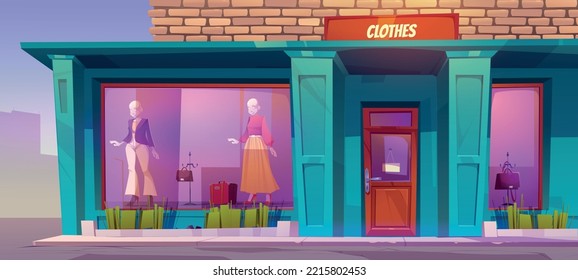 Clothes Store Facade, Apparel Shop Exterior With Mannequins Wear Female Garment In Large Windows Outside View. City Fashion Boutique Or Showroom Building With Closed Door, Cartoon Vector Illustration