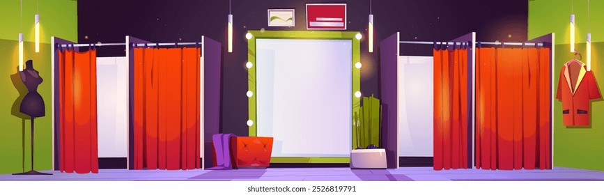 Clothes store fitting room interior with wardrobe cabins closed with red curtains, full length mirror with light bulbs, puff seat and decorative plant in pot, hanging clothing on hanger and mannequin.