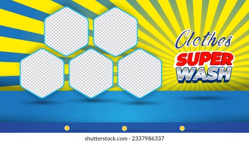 clothes super wash landscape template banner and copy space frame for product sale with abstract gradient blue and yellow background design