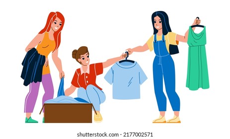 Clothes Swap Party Enjoying Young Women Vector. Girls Resting On Swap Party And Exchanging Fashion Textile Clothing. Characters Happiness Ladies Leisure Time Together Flat Cartoon Illustration