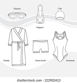 Clothes For Swimmers. Sportswear. Swimfins. Swim Fins. Fins. Flippers. Glasses For Swimming.  Khalat For Swimming. Swim Briefs. Racing Brief. Swim Cap. Swimsuit. Things For Swimmers 5