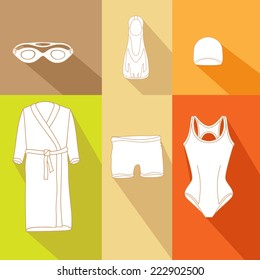 Clothes for swimmers. Sportswear. Swimfins. Swim fins. Fins. Flippers. Glasses for swimming.  Khalat for swimming. Swim briefs. Racing brief. Swim cap. Swimsuit. Things for swimmers