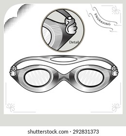 Clothes for swimmers. Sportswear. Clothes for Water Sports. Glasses for swimming an style of engraving. Hand drawn swimming goggles. Accessories for swimming