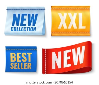 Clothes tags. Promo fabric badges. Color cotton labels with lettering. Clothing size or new fashion collection sign. Best seller cloth piece. Vector realistic icons set with seam lines