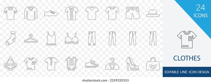 Clothes thin line  icon set. containing hanger, suit, shirt, bra, heels, panties,  shoe, underwear and more stroke design