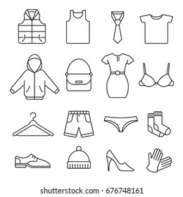 Ropa: juego de iconos finos monocromo, kit blanco y negro