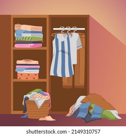 Clothes tidy hanging on hangers in closet, wardrobe, flat vector illustration. Things are stacked on shelves in wardrobe. Dirty clothes are thrown in pile near closet.