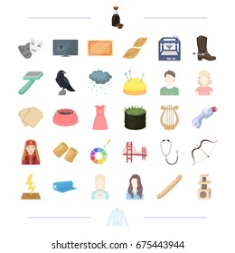 clothes, tool, weather and other web icon in cartoon style. food, travel, theater, appearance icons in set collection.